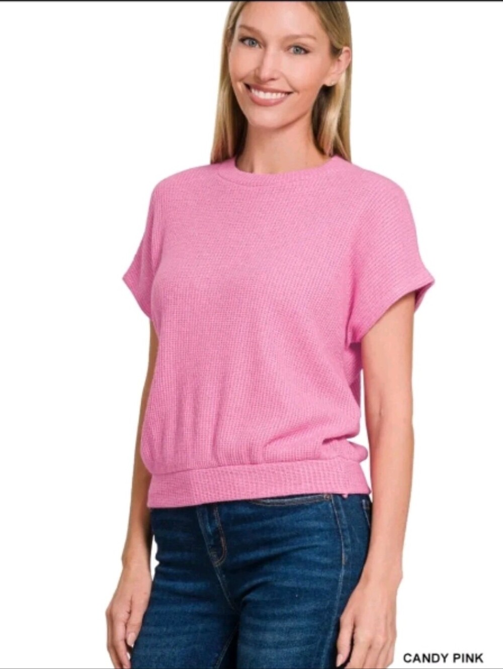 Zenana Waffle Knit Short Sleeve Top.  Style ITW-2473Y Candy Pink Color